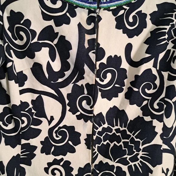 Tory Burch Beaded Collar‎ Floral Print Jacket Navy White Blue Green Women Size 6 - Picture 10 of 12